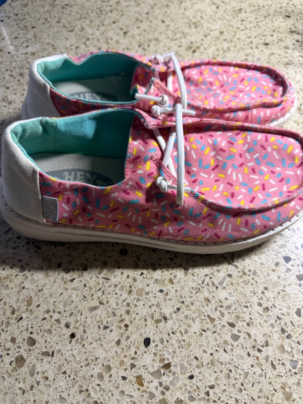 Hey Dude Pink Sprinkle Slip-Ons with Teal Lining like new size 4